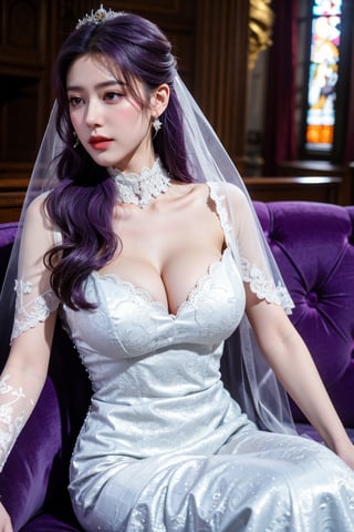 masterpiece,1girl,(mature female:0.5),tall body,golden proportions,(Kpop idol),(shiny skin:1.2),(oil skin:1.1),makeup,(close up),(church background:1.2),depth of field,(closed mouth:0.5),((long wavy purple hair)),(puffy eyes),(eyelashes:1.1),(parted lips:1.1),red lipstick,fantasy art style,dreamy light,(high neck purple wedding dress:1.33),(lace long wedding dress:1.39),perfect body,(dreamy veil:1.3),(dusk:1.2),princess shoes,(diamond necklace),(crystal hairpin),tyndall effect,highres,(Sit on the sofa:1.3),(big breasts:1.68),