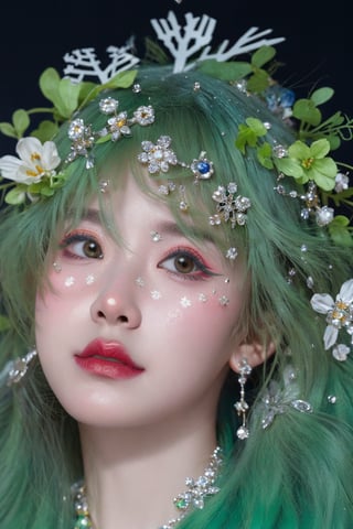 green theme,  snowflakes,  looking at viewer,  portrait,  colorful hair,  jewelry,  close up,  ultra high res,  deep shadow, (best quality,  masterpiece),  dimly lit,  shade, highly detailed,  bold makeup,  flower,  simple background,  depth of field,  film grain,  fashion_girl,  accessories, High detailed, ,fashion_girl