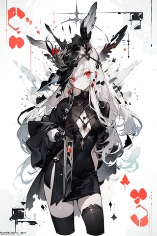 (blackandwhite_backgraound:1.3), (White_hair:1.2), (gradient:1.2), wide_shot, scenery, 2 Hair_ornament in the shape of (symmetrical) rabbit_ears, detailed background, (grow_red_particles:1.3), (blackandwhite_clothes:1.2), (gradient_clothes:1.2), , (white_clothes:1.1), (black_clothes:1.3), long hair, floating hair, (((dramatic))), (((gritty))), (((intense))). She confidently of the poster, wearing a (Gray (X11 gray):1.1) and (Seashell:1.1) stylish and edgy outfit, The background is gray and sandy with gray hearts, with a sense of danger and intensity. Drama and excitement. The color palette is mainly dark and Fallow with splashes of vibrant colors, giving the poster a dynamic and visually striking appearance, tachi-e, with a relaxed expression on her face. leaf bikini, , (atmospheric perspective:1.1), (a close up of a person wearing a costume:1.22), (from above:1.1), wide_shot, scenery, a close up of a person wearing a costume, card game illustration, machine garden, killstar, elegant clothes, gloomy style, rabbits, solemn gesture, patchwork, Crown, feminine figure, ( symmetrical ), Queen, Queen of Hearts, Queen of rabbits, White hair, gothic art, poker card style, Red eyes, thick thighs, hold a rabbit, detail background, deck of cards style background., midjourney