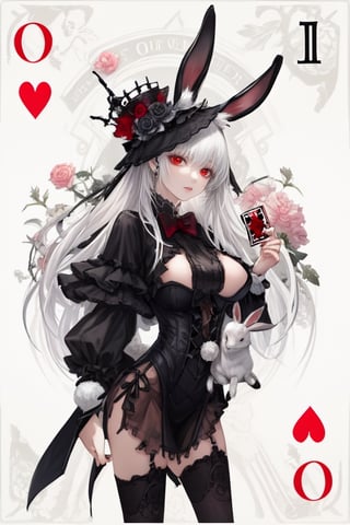 a close up of a person wearing a costume, card game illustration, machine garden, killstar, elegant clothes, gloomy style, rabbits, mafia background hyper detailed, solemn gesture, patchwork, Crown, feminine figure, ( symmetrical ), Queen, Queen of Hearts, Queen of rabbits, White hair, gothic art, poker card style, Large breasts Cup D, Red eyes, thick thighs, hold a rabbit, detail background, deck of cards style background.