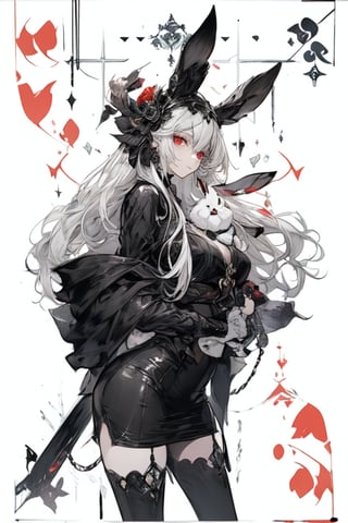 Playing card style background (Hearts) (blackandwhite_backgraound:1.3), (White_hair:1.2), (gradient:1.2), wide_shot, scenery, 2 Hair_ornament in the shape of (symmetrical) rabbit_ears, detailed background, (grow_red_particles:1.3), (blackandwhite_clothes:1.2), (gradient_clothes:1.2), , (white_clothes:1.1), (black_clothes:1.3), long hair, floating hair, (((dramatic))), (((gritty))), (((intense))). She confidently of the poster, wearing a (Gray (X11 gray):1.1) and (Seashell:1.1) stylish and edgy outfit, The background is gray and sandy with gray hearts, with a sense of danger and intensity. Drama and excitement. The color palette is mainly dark and Fallow with splashes of vibrant colors, giving the poster a dynamic and visually striking appearance, tachi-e, with a relaxed expression on her face. leaf bikini, , (atmospheric perspective:1.1), (a close up of a person wearing a costume:1.22), (from above:1.1), wide_shot, scenery, a close up of a person wearing a costume, card game illustration, machine garden, killstar, elegant clothes, gloomy style, rabbits, solemn gesture, patchwork, Crown, feminine figure, ( symmetrical ), Queen, Queen of Hearts, Queen of rabbits, White hair, gothic art, poker card style, Red eyes, thick thighs, hold a rabbit, detail background, deck of cards style background., midjourney