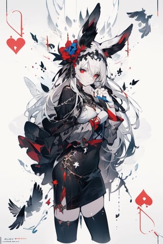 (blackandwhite_backgraound:1.3), (White_hair:1.2), (gradient:1.2), wide_shot, scenery, 2 Hair_ornament in the shape of (symmetrical) rabbit_ears, detailed background, (grow_red_particles:1.3), (blackandwhite_clothes:1.2), (gradient_clothes:1.2), , (white_clothes:1.1), (black_clothes:1.3), long hair, floating hair, (((dramatic))), (((gritty))), (((intense))). She confidently of the poster, wearing a (Gray (X11 gray):1.1) and (Seashell:1.1) stylish and edgy outfit, The background is gray and sandy with gray hearts, with a sense of danger and intensity. Drama and excitement. The color palette is mainly dark and Fallow with splashes of vibrant colors, giving the poster a dynamic and visually striking appearance, tachi-e, with a relaxed expression on her face. leaf bikini, , (atmospheric perspective:1.1), (a close up of a person wearing a costume:1.22), (from above:1.1), wide_shot, scenery, a close up of a person wearing a costume, card game illustration, machine garden, killstar, elegant clothes, gloomy style, rabbits, solemn gesture, patchwork, Crown, feminine figure, ( symmetrical ), Queen, Queen of Hearts, Queen of rabbits, White hair, gothic art, poker card style, Red eyes, thick thighs, hold a rabbit, detail background, deck of cards style background., midjourney