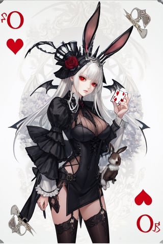 a close up of a person wearing a costume, card game illustration, machine garden, killstar, elegant clothes, gloomy style, rabbits, mafia background hyper detailed, solemn gesture, patchwork, Crown, feminine figure, ( symmetrical ), Queen, Queen of Hearts, Queen of rabbits, White hair, gothic art, poker card style, Large breasts Cup D, Red eyes, thick thighs, hold a rabbit, detail background, deck of cards style background.