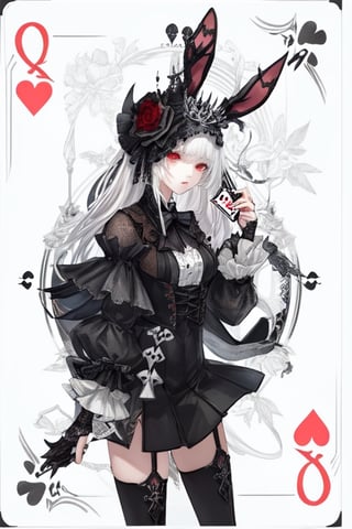 a close up of a person wearing a costume, card game illustration, machine garden, killstar, elegant clothes, gloomy style, rabbits, mafia background hyper detailed, solemn gesture, patchwork, Crown, feminine figure, ( symmetrical ), Queen, Queen of Hearts, Queen of rabbits, White hair, gothic art, poker card style, Red eyes, hold a rabbit, detail background, deck of cards style background, Detailed Q, Defined thighs.