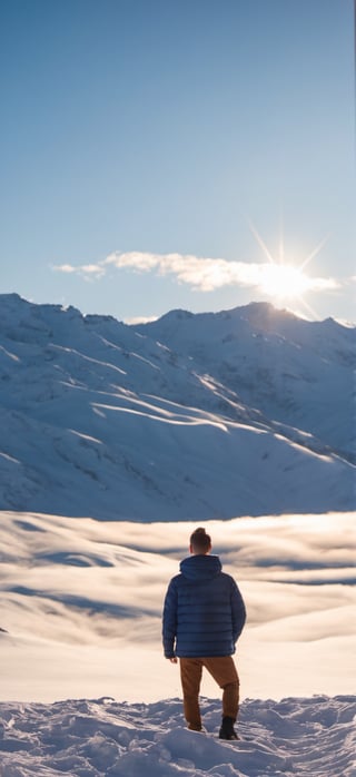 A snow mountain occupies most of the picture, a man stands in front of the mountain, with his back to the camera. sunrise, warm light, Stylish