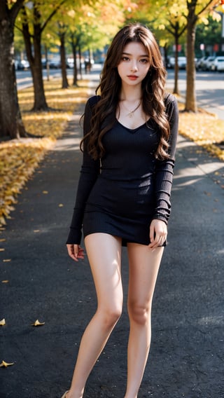 (1girl), ((beautiful eyes, long wavy brown hair)), ((perfect limbs, long legs:1.3)), masterpiece, best quality, photography, campus, autumn, fallen leaves on the ground, (black, Long Sleeve, deek v neck, Mini Dress: 1.3), super detail eyes, (portrait, half body: 1.5),