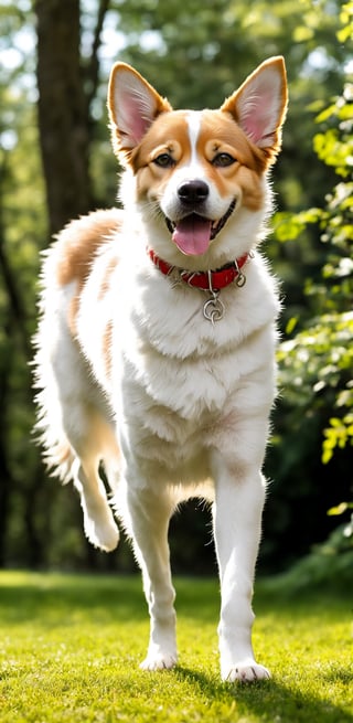 A cute dog,fluffy fur,adorable active eyes,playful paws,cosy sleeping spot,soft whiskers,beautiful patterned coat,bright and expressive eyes,curious and playful nature,smooth and sleek body,graceful and agile movements,[green garden background],[colorful sunlight filtering through the trees],[vibrant and cheerful atmosphere],(best quality,ultra-detailed),[soft lighting],realistic colors, [bokeh]