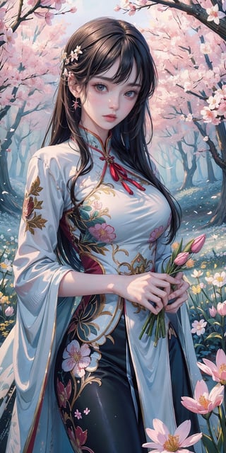 (masterpiece, top quality, best quality, official art, beautiful and aesthetic:1.2), hdr, high contrast, wideshot, 1girl, long black straight hair with bangs, looking at viewer, relaxing expression, clearly brown eyes, longfade eyebrow, soft make up, ombre lips, large breast, hourglass body, finger detailed, BREAK wearing half naked floral cheongsam, holding flower, (smeling flower), (spring season theme:1.5), windy, spring forest background detailed, by KZY, BREAK frosty, ambient lighting, extreme detailed, cinematic shot, realistic ilustration, (soothing tones:1.3), (hyperdetailed:1.2),realistic