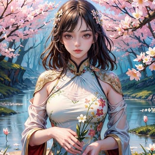 (masterpiece, top quality, best quality, official art, beautiful and aesthetic:1.2), hdr, high contrast, wideshot, 1girl, long black straight hair with bangs, looking at viewer, relaxing expression, clearly brown eyes, longfade eyebrow, soft make up, ombre lips, large breast, hourglass body, finger detailed, BREAK wearing half naked floral cheongsam, holding flower, (smeling flower), (spring season theme:1.5), windy, spring forest background detailed, by KZY, BREAK frosty, ambient lighting, extreme detailed, cinematic shot, realistic ilustration, (soothing tones:1.3), (hyperdetailed:1.2),realistic