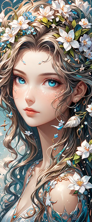 image of a woman with jasmine in her hair, elegant digital painting, beautiful gorgeous digital art, beautiful digital art, exquisite digital illustration, beautiful digital illustration, detailed beautiful portrait, gorgeous digital art, beautiful portrait image, beautiful illustration, digital art portrait, bird's eye view style, digital illustration style, beautiful fantasy style portrait, beautiful digital artwork