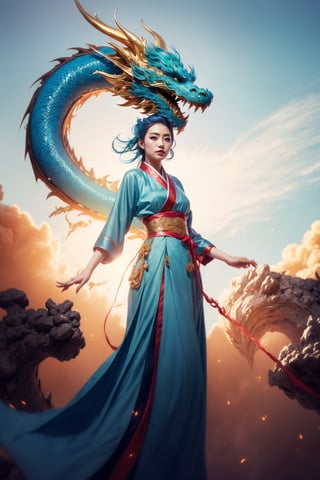 Masterpiece, top quality, best quality, official art, beauty and aesthetics: 1.3), (1 girl: 1.4), blue hair, short tied hair, light green hanfu fashion, ((Chinese light blue dragon)), flying in Sky, wooden lines, volumetric lighting, ultra-high quality, realism, sky background, half body, detailed_background, 4k illustration,