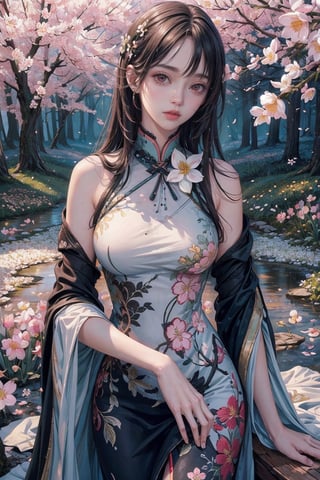 (masterpiece, top quality, best quality, official art, beautiful and aesthetic:1.2), hdr, high contrast, wideshot, 1girl, long black straight hair with bangs, looking at viewer, relaxing expression, clearly brown eyes, longfade eyebrow, soft make up, ombre lips, large breast, hourglass body, finger detailed, BREAK wearing half naked floral cheongsam, holding flower, (smeling flower), (spring season theme:1.5), windy, spring forest background detailed, by KZY, BREAK frosty, ambient lighting, extreme detailed, cinematic shot, realistic ilustration, (soothing tones:1.3), (hyperdetailed:1.2),realistic