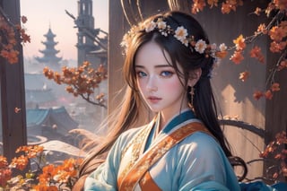 (masterpiece, top quality, best quality, official art, beautiful and aesthetic:1.2), (1girl), extreme detailed,(abstract, fractal art:1.3),highest detailed, detailed_eyes, light_particles, hanfu,jewelry, sexy, orange ,BLUE_eyes,squat