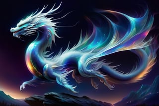 echmrdrgn western dragon, it's full body is iridescent splendour, semi-transparent and glowing opalescence, razor sharp talons and teeth, glorious wings, long whiskers, powerful long tail, high over a village background, full body, at night, starry sky, moonlight reflections,