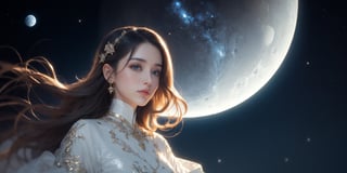 A cosmic explorer A woman with deep, contemplative eyes, her hair flowing like stardust, adorned with subtle, celestial motifs, standing on the surface of a distant moon, gazing at the vastness of space.
