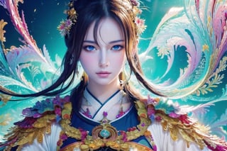 (masterpiece, top quality, best quality, official art, beautiful and aesthetic:1.2), (1girl), extreme detailed,(abstract, fractal art:1.3),highest detailed, detailed_eyes, light_particles, hanfu,jewelry, sexy, ,white,a jewel-encrusted sword)