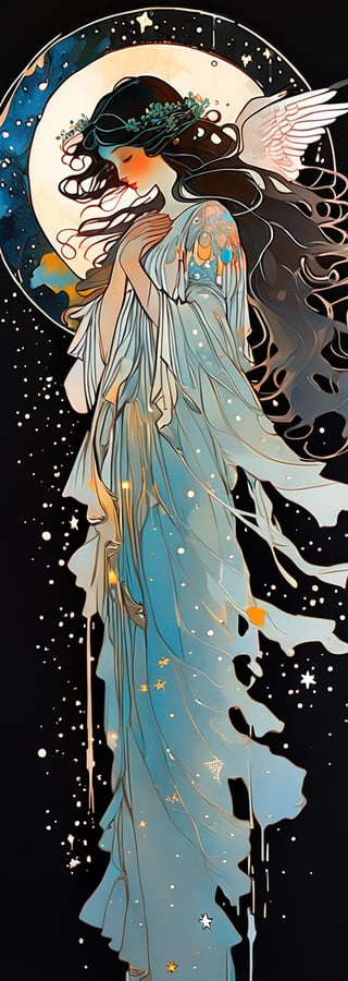 (a beautiful angel in the style of Carne Griffiths, Conrad Roset), (composition by Alphonse Mucha), gorgeous, heavenly, ethereal, soft glow surrounding her, bioluminesence, pitchblack background, long flowing black hair, stars, midnight, hands clasped, more detail XL