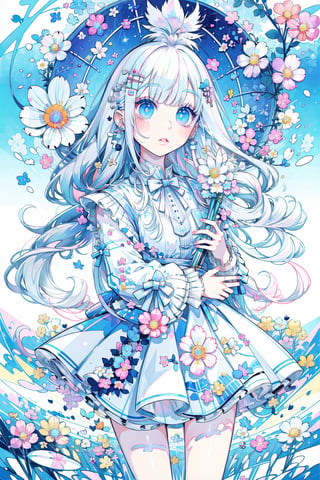 (masterpiece, best quality, highres:1.3), ultra resolution image, (1girl), (solo), kawaii, white hair, long hair, white dress, wonderland, bunny, sunlight, flowers, colorful, hold white flowers, dreamy,High detailed ,mxmai,atdan