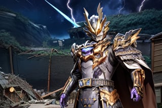 concept art, Ultraman suit and Kamen Rider armor hybrid, strong body type, middle age knight and samurai armor fusion, armor main color silver and purple with golden decoration, a man stand alone and holding both fist pose in front of ancient castle, glowing blue energy and aura, with steampunk style henshin belt, no weapons holding, with muffler or cape. burning castle is collapsed, city Ruins with landslides and ground torn apart, ruins everywhere, broken walls, sad vegetation, and corpses strewn everywhere, Lightning flashes across the midnight sky.,saber