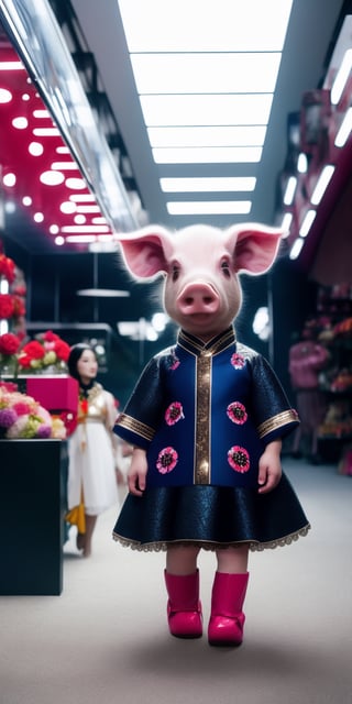 wide angle full body view Haute couture dress Asian Cyberpunk pigs Shopping Fashion Victims Kenzo Fashion by Takashi Murakami, retrofuturistic film noir. no flowers, style raw.