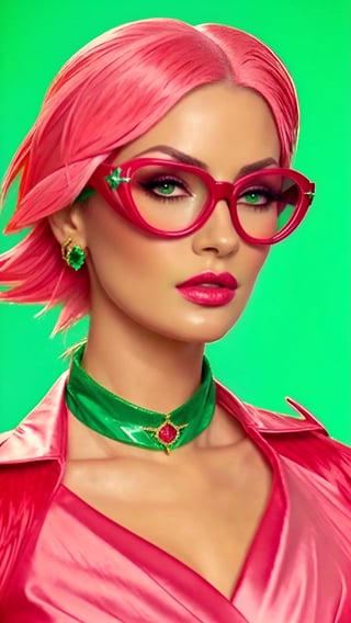 1 girl, emerald color eyes, wear red glasses, mature lady, big chest, flamingo in the back, copy character, change background, high_resolution, high_res, high details, High detailed, ,More Detail, EpicArt, fantasy, Detailed face