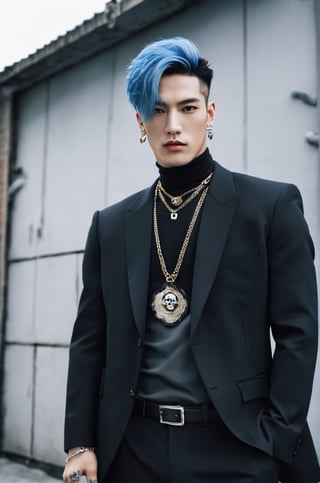 young ,handsome man, Mark Tuan, Got7, white skin, detail face, grey bright eye, blue hair, black suit, bad boy, yakuza, tattoo, a lots gangster night cyberpunk town in backdrop, action pose, skull earring, necklace,