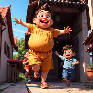 in sunndy village ,a young adorable and fat Thai monk baby running with hands holding softtoy. He is laughing and happy. His mother is chasing. His friends are laughing at him.  3D model.