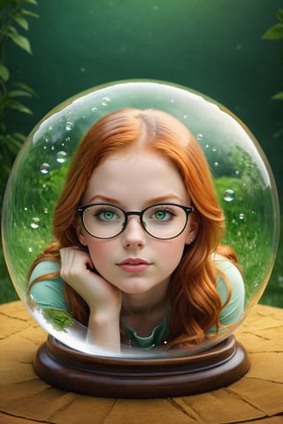 a 30 years old woman sitting inside of a glass ball, pretty face, cute, long ginger hair, green eyes, big eyeglasses, a storybook illustration by Raymond Teague Cowern, pixabay contest winner, fantasy art, stunning 3d render of a cute girl, glass ball, dreamscape in a jar