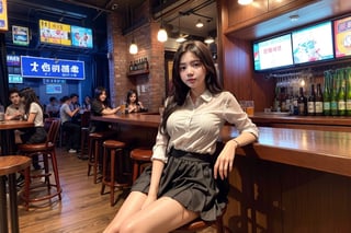 a girl in transparent skirt drink beer in night bar, lots of guests looking at her, 