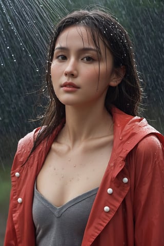 A big breast young girl, her face filled with joy and excitement, stands under a gentle rain shower, her arms outstretched to embrace the drops. Her vibrant red raincoat contrasts beautifully against the gray sky, while her wet hair clings to her forehead. The raindrops create a shimmering effect as they cascade down around her, adding a touch of magic to the scene. This digitally painted image captures the ethereal and dreamlike quality of the moment, with each droplet meticulously rendered to showcase its individual beauty. The lighting is soft and diffused, highlighting the girl's radiant smile and the glistening rain. The camera perspective captures her from a slightly lower angle, emphasizing her youthful energy and enthusiasm. The level of detail and the use of ultra-resolution techniques bring the image to life, allowing viewers to almost feel the rain on their own skin