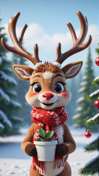 (best quality,4k,8k,highres,masterpiece:1.2), ultra-detailed,(realistic,photorealistic,photo-realistic:1.37), cartoon illustration of a cute (portrait of Rudolph the reindeer wearing a scarf holding a flowerpot with both hands, a poinsettia on it, in the background a field of pine trees.), full body, 8k resolution, masterpiece, very realistic, 8k resolution, masterpiece, very realistic, detailed background, depth of field,cute cartoon