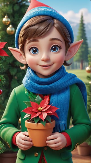 (best quality,4k,8k,highres,masterpiece:1.2), ultra-detailed,(realistic,photorealistic,photo-realistic:1.37), cartoon illustration of a cute (portrait of Christmas elf wearing a blue scarf holding a flowerpot with both hands, a poinsettia on it, in the background a field of pine trees.), full body, 8k resolution, masterpiece, very realistic, 8k resolution, masterpiece, very realistic, detailed background, depth of field,cute cartoon