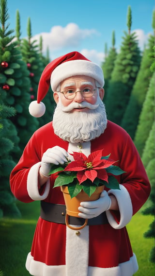 (best quality,4k,8k,highres,masterpiece:1.2), ultra-detailed,(realistic,photorealistic,photo-realistic:1.37), cartoon illustration of a cute (portrait of saint claus holding a flowerpot with both hands, a poinsettia on it, in the background a field of pine trees.), full body, 8k resolution, masterpiece, very realistic, 8k resolution, masterpiece, very realistic, detailed background, depth of field,cute cartoon 