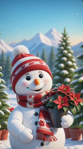 (best quality,4k,8k,highres,masterpiece:1.2), ultra-detailed,(realistic,photorealistic,photo-realistic:1.37), cartoon illustration of a cute (portrait of snowman wearing a scarf holding a flowerpot with both hands, a poinsettia on it, in the background a field of pine trees.), full body, 8k resolution, masterpiece, very realistic, 8k resolution, masterpiece, very realistic, detailed background, depth of field,cute cartoon