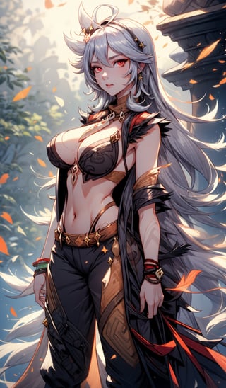 (masterpiece, best quality:1.2),  1girl, solo, big_boobies,  grey_hair,  long_hair, curvy_hips, night, , red_eyes, pants, razor (genshin impact), shirt,