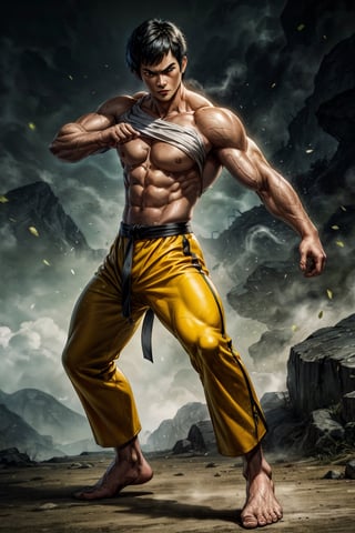 Masterpiece, UHD, 4k, realistic, the legendary Bruce Lee, a prominent martial artist, epic picture, muscular lean body, fighting pose, standing, full body, fierce face, wearing yellow pants, short_hair