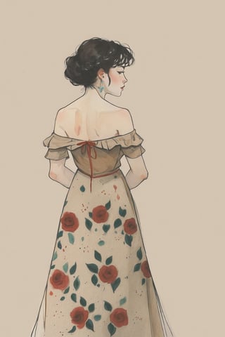 (Best quality, High quality, masterpiece, Artistic, Artistic painting, Painting Naturally, Modernism art, Watercolor, watercolor pencil painting, ligne_claire, Illustration), bare shoulder, 1 girl, dress, (Painted by 3 person that is Egon Schiele and Pablo Picasso and John Barkey), stylized art, Red Rose, Black hair, 