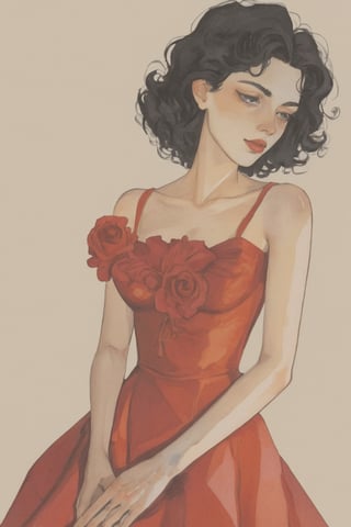 (Best quality, High quality, masterpiece, Artistic, Artistic painting, Painting Naturally, Modernism art, Watercolor, watercolor pencil painting, ligne_claire, Illustration), bare shoulder, 1 girl, dress, (Painted by 3 person that is Egon Schiele and Pablo Picasso and John Barkey), stylized art, Red Rose, Black hair, 