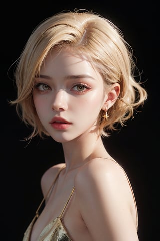 a 20 yo woman, blonde, (hi-top fade:1.3), (gold eyes, makeup), curly_hair, dark theme, soothing tones, muted colors, high contrast, (natural skin texture, hyperrealism, soft light, sharp)