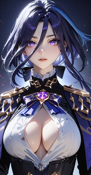 (highly detailed:1.3),upper body,  clorinde \(genshin impact\), purple eyes, detailed clothes, unbuttoned shirt, cleavage, detailed lips, 
Ultra-detail,(highres:1.1),best quality,(masterpiece:1.3),cinematic lighting,
(detailed face and eyes:1.3), (by gawako:0.3), (by rella:0.4), (by wlop:0.3),clorinde \(genshin impact\)