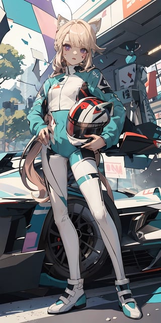 (masterpiece), best quality, ultra-detailed, illustration, kawaii, cute colors, contrast color, pastel colors, , 1girl ,standing, full body, holding red helmet, (red helmet under the arm), full body, detailed lips, lynette, , lynette \(genshin impact\), blonde hair, blunt bangs, bow, long hair, (animal ears:1.2), perfect face, purple eyes, expressive eyes, facial mark, teal white black, black full leather outfit, racing outfit, car race, bodysuit, teals shoes, ((supercar on background)), sport pants, asymmetrical stocking, depth of field