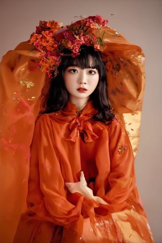 close-up, whimshical portrait of young korean woman in orange dress, 