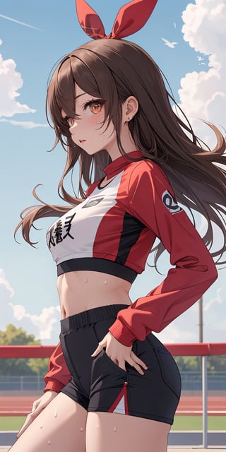 (masterpiece), best quality, ultra-detailed, illustration, (kawaii style), pastel colors, kawaii, cute colors, pastel colors, 1girl, (sweaty), amberrnd, amber \(genshin impact\), , brown eyes, brown hair, hair between eyes, long hair, bangs, floating hair, hair ornament, red hair ribbon, alternate costume, red shirt, crop top, sport top, sport bra, sportswear, track uniform, midriff, long sleeves, blue shorts, micro shorts, short shorts, sport shorts, thighs, breasts, cowboy shot, from side, looking at viewer, standing, outdoors, sunlight, cloud, day, track