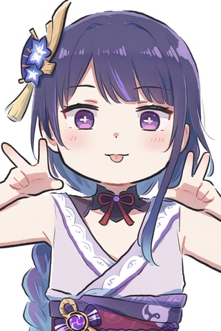 xinzoruo, 1girl, solo,  looking at viewer, blush, smile, bangs, simple background, purple hair, braided hair,  tongue out, side ponytail, symbol-shaped pupils, v, gradient hair, :p, double v, lewd, Raiden Shogun \(genshin impact\)