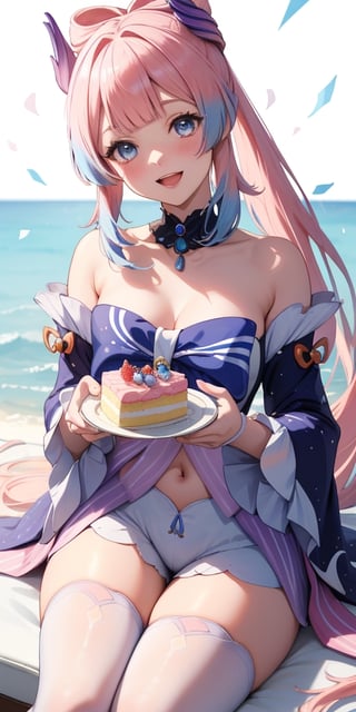 (ultra-detailed), ((close-up)), masterpiece, absurdres, best quality, 1girl, (sangonomiya kokomi), ((holding slice of cake on plate)), presenting a birthday cake, cute, kawaii, (birthday background), ocean theme, (ponytail), pink hair, blue hair ends, , confetti, medium breasts, navel cutout, pale skin, detached sleeves, ((white gloves)), ,(head tilt), hair ornament, bow, (blue bow), blue choker, blue gemstone, two-tone hair, ((thighhighs)), thighs, (white sofa), sitting, armpits, happy, smiling, big smile, open mouth, blush, detailed lips, shorts, (sleeves past wrists), strapless dress, depth of field ,kokomidef