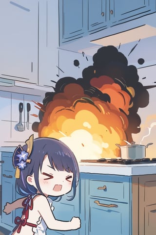 1girl, [raiden shogun],ningen mame,ciloranko,xinzoruo,year 2023, solo,blush, 1girl, running, closing her ears, naked apron, {explosion}, >_<, smoke, indoors, kitchen,  best quality, amazing quality, very aesthetic, absurdres, loli