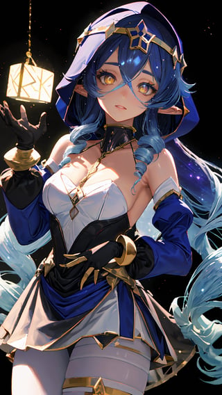 (masterpiece, sidelighting, finely detailed beautiful eyes: 1.2), masterpiece*portrait, 3d face, lustrous skin, portrait, cowboy shot, close-up, , 1girl, layladef, layla, twin drills, drill locks, blue hair, yellow eyes, hood, long sleeves, juliet sleeves, white pantyhose, thighlet, gloves, jewelry, bare shoulders,  (black background), galaxy, ,starry sky