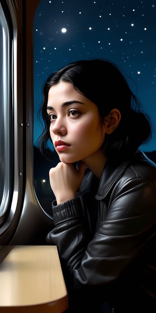 (masterpiece), best quality, expressive eyes, perfect face, Oliver Jeffers Shaun Tan Emily Winfield Martin Yuko Shimizu Sophie Blackall Jerry Pinkney A digitally inked scene by Marjane Satrapi showing a pensive young woman gazing out the window of a moving train at night. Satrapi's signature high-contrast art style renders the woman in simple black and white, her face in profile conveying wistful contemplation, eyes reflecting the passing lights outside. She wears a dark jacket, her short messy hair wisping in the breeze. Beyond the window, forest silhouettes under a starry sky race by, wheels and smoke sketched minimally to indicate the train's momentum. The nonlinear panel composition adds dynamism. The perspective peers voyeuristically through the glass at the woman absorbed in her thoughts as she journeys through the darkness. The mood captures the romance and introspection of solo travel at night. Satrapi's stark monochromatic style communicates the emotional essence with spare, striking linework. She is tall, slim beautiful with light make up, her eyelashes are long, her eyes are bright, her mouth pout a little, she has oily skin with good body shaped, close up her full sitting body, light particles, silhouette