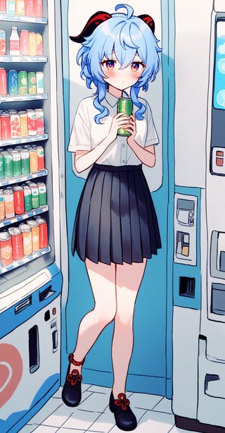 by tsvbvra, 1girl, Ganyu \(genshin impact\), shy, blush, looking at viewer, vending machine, skirt, shoes, solo, shirt, standing, holding, can, pleated skirt, bottle,