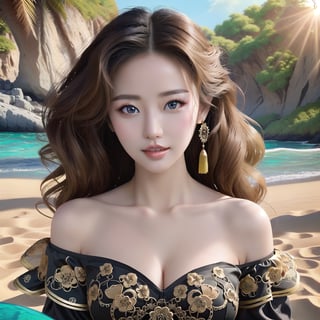 Steampunk, Analog Photography, (high-definition),(photo quality),Extremely Detailed, Surreal, Unreal Engine, Intricate Detail, Very Beautiful, Stunning, Intricate Detail, Surreal, Intricate Detail, Highly Detailed, Wide Depth of Field, 1 Chinese girl, bare shoulders, plump and well-proportioned figure,Smooth,long hair,little_cute_girl,Playful, big curly hair,Tsilk clothing,Teeth display incorrectly,Half-length photo,sexiness,Natural tooth structure,perfect facial features,outdoor scene,Sun and beach